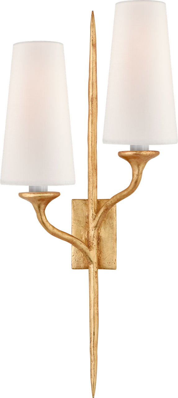 Iberia Double Right Sconce in Antique Gold Leaf with Linen Shades