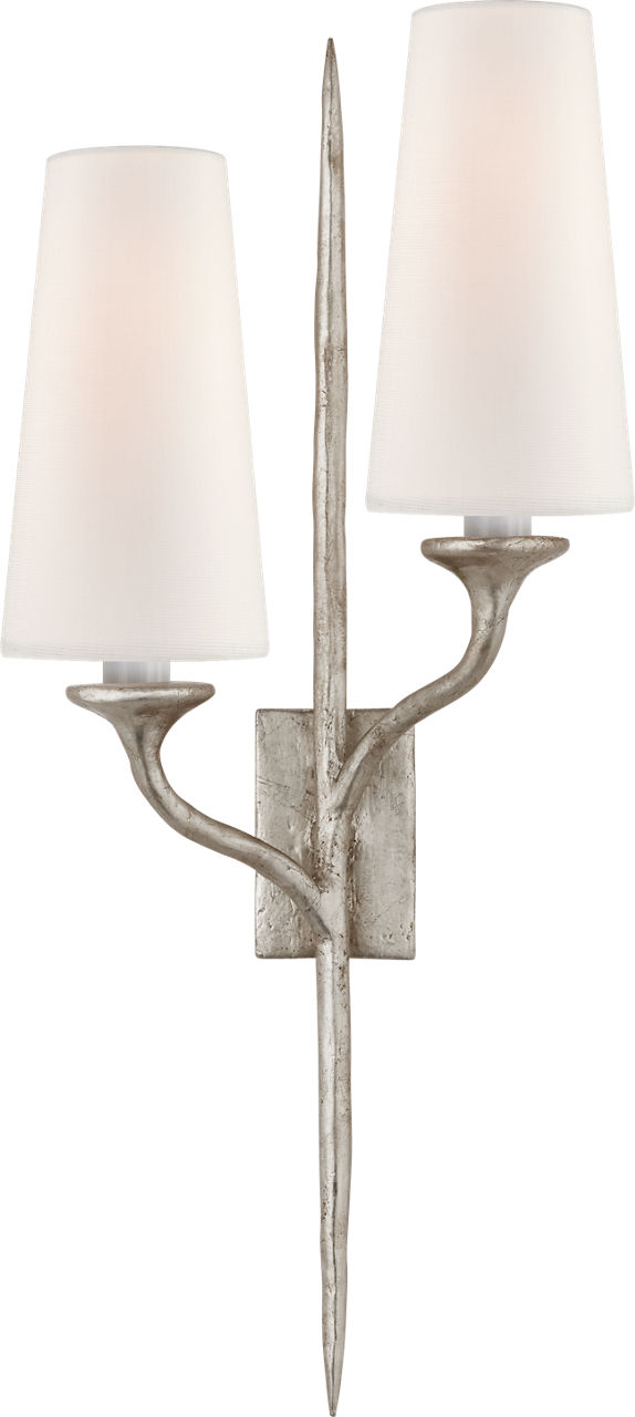 Iberia Double Right Sconce in Burnished Silver Leaf with Linen Shades