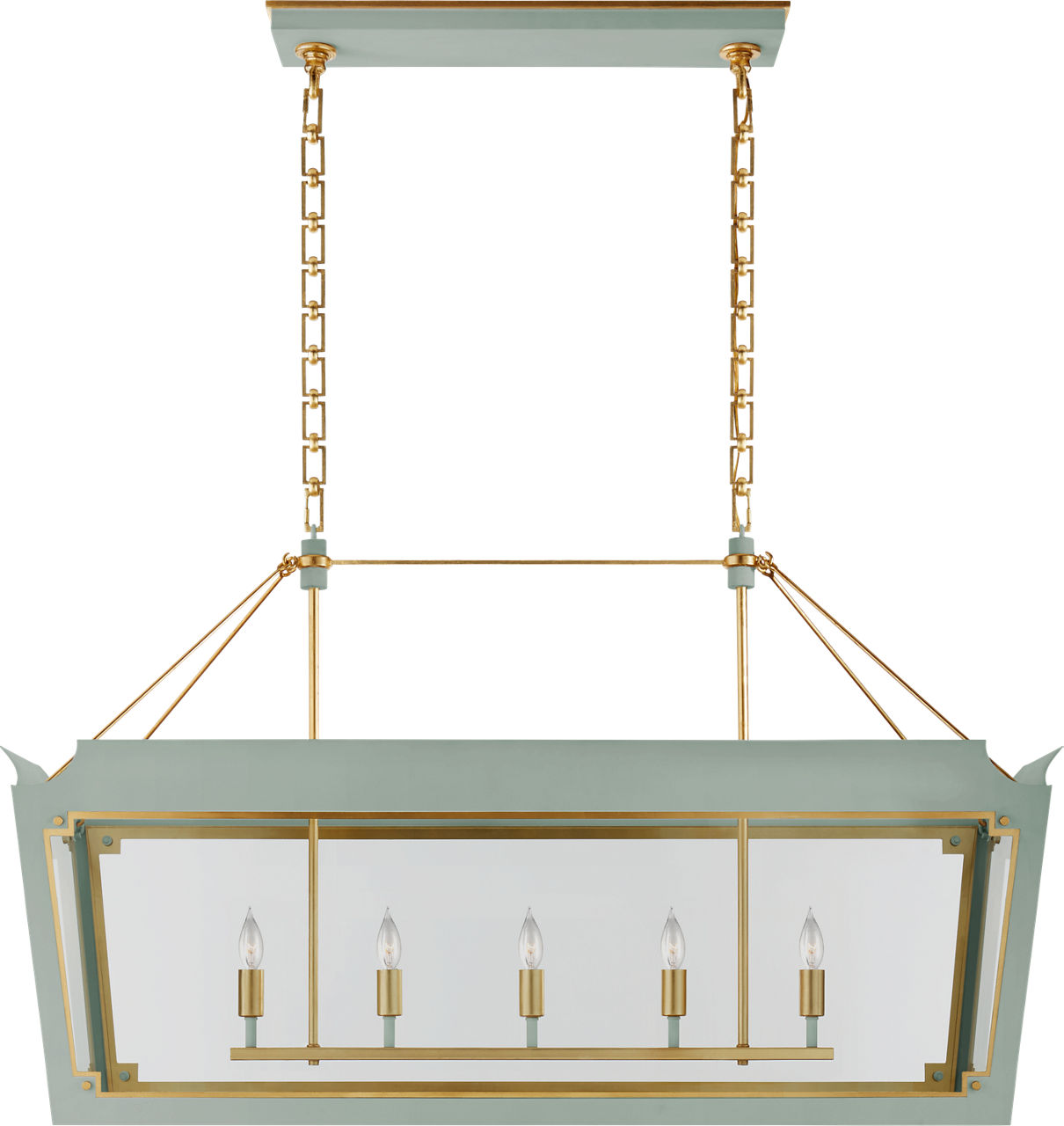 Caddo Medium Linear Lantern in Celadon and Gild with Clear Glass