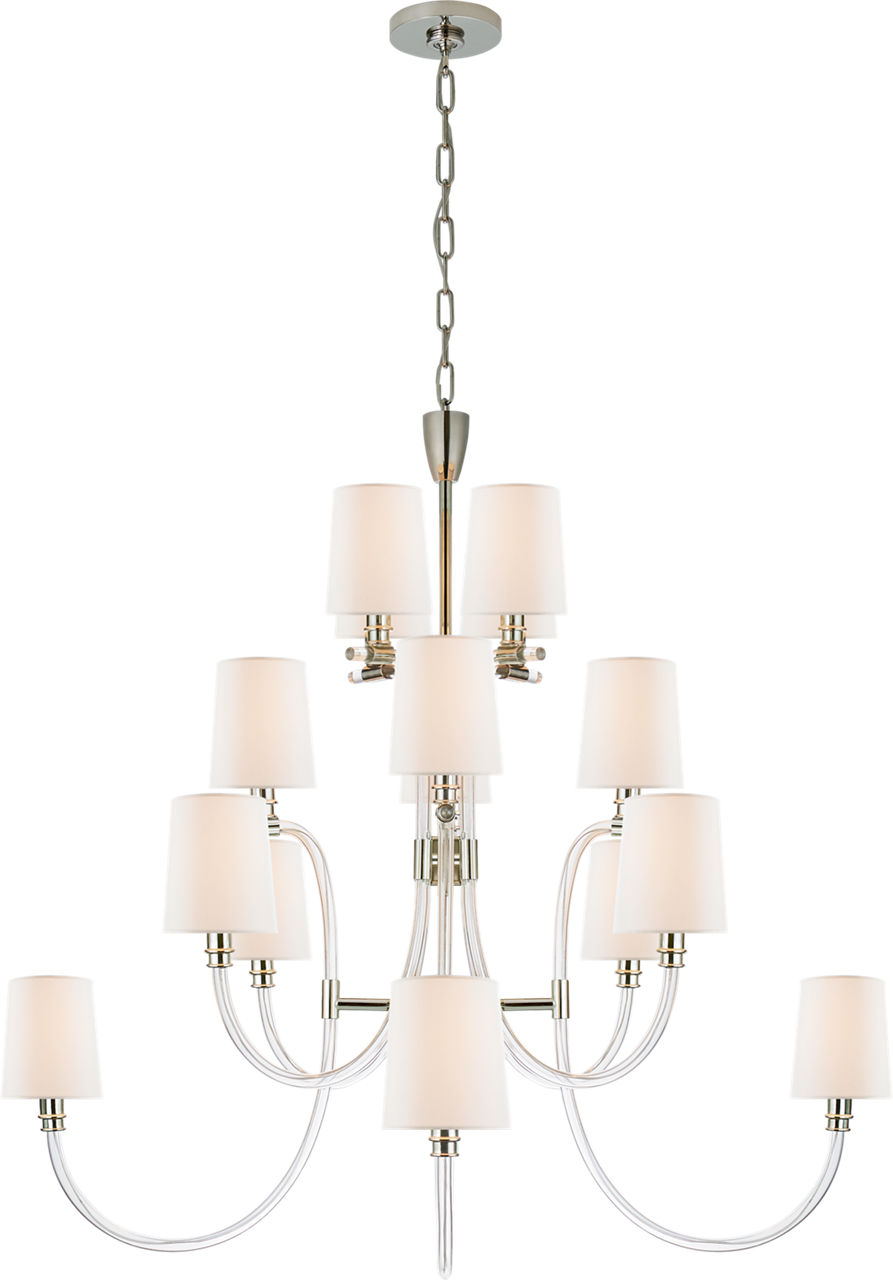 Clarice Large Chandelier in Clear Acrylic and Polished Nickel with Linen Shades