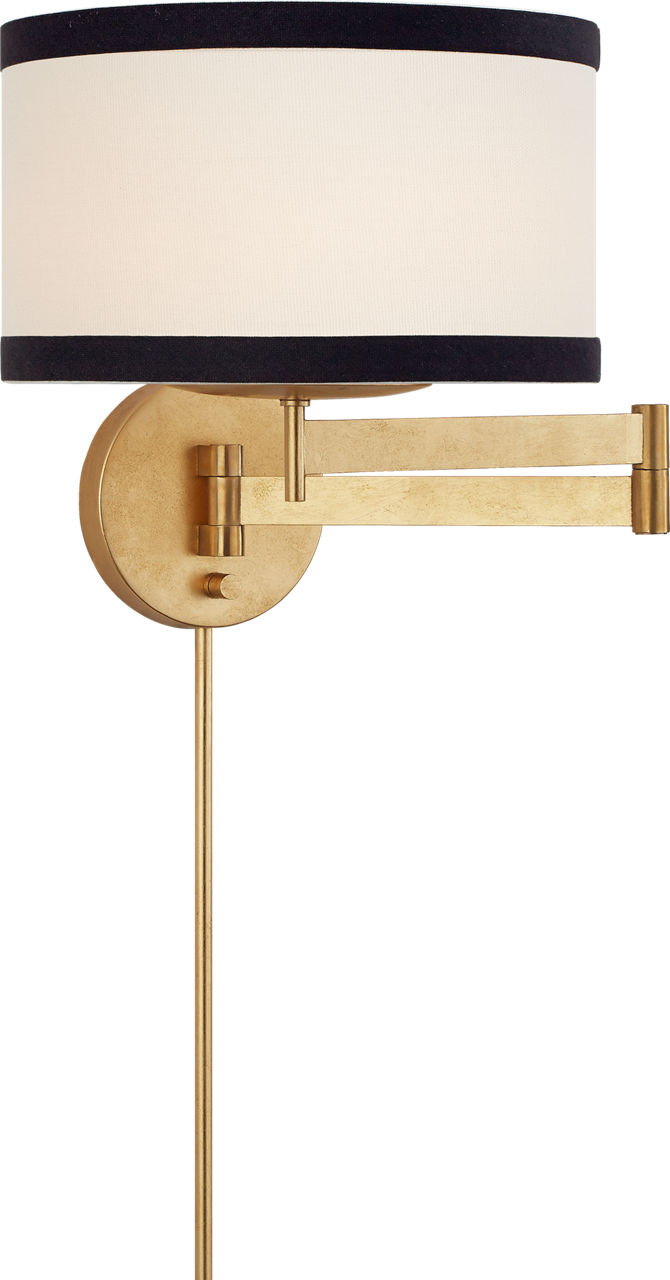 Walker Swing Arm Sconce in Gild with Cream Linen Shade with Black Linen Trim