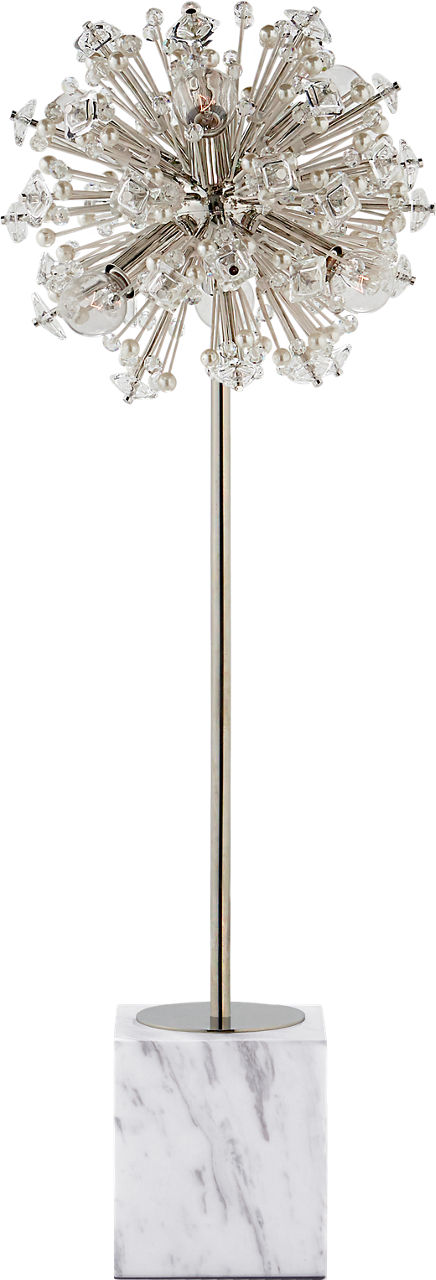 Dickinson Buffet Table Lamp in Polished Nickel and White Marble with Clear Glass and Cream Pearls