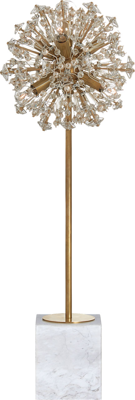 Dickinson Buffet Table Lamp in Soft Brass and White Marble with Clear Glass and Cream Pearls