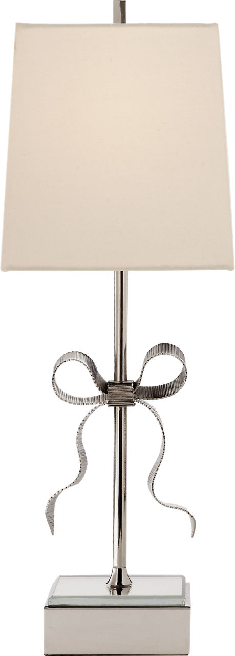 Ellery Gros-Grain Bow Table Lamp in Polished Nickel and Mirror with Cream Linen Shade