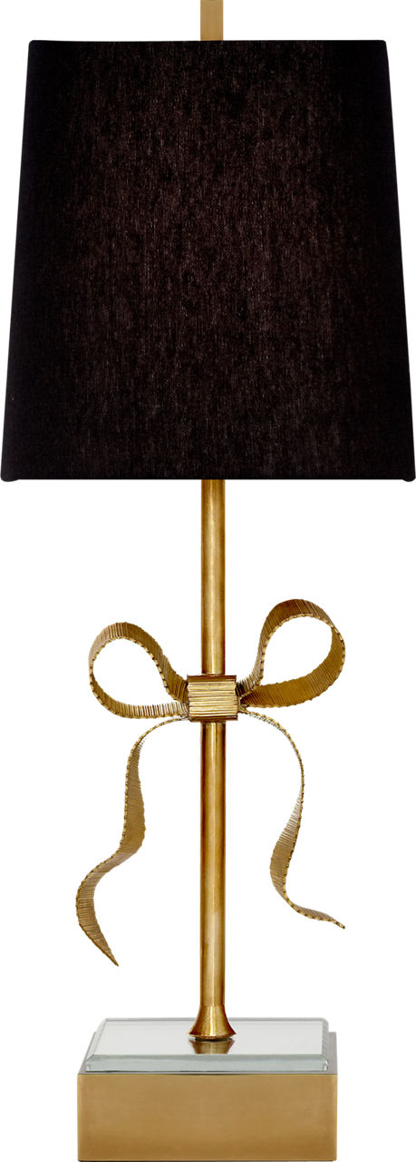 Ellery Gros-Grain Bow Table Lamp in Soft Brass and Mirror with Black Linen Shade
