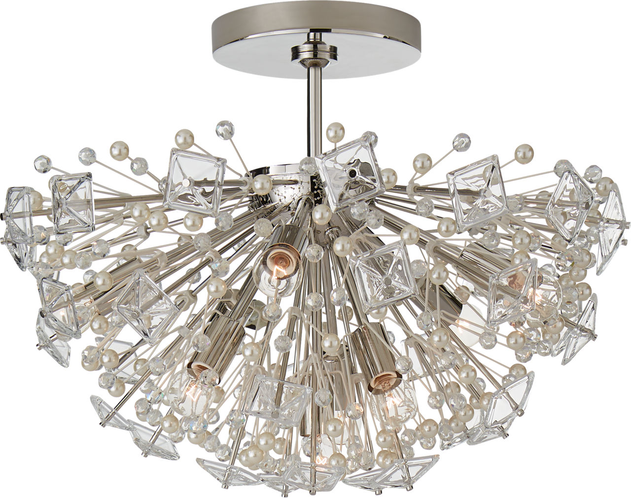 Dickinson Medium Semi-Flush in Polished Nickel with Clear Glass and Cream Pearls