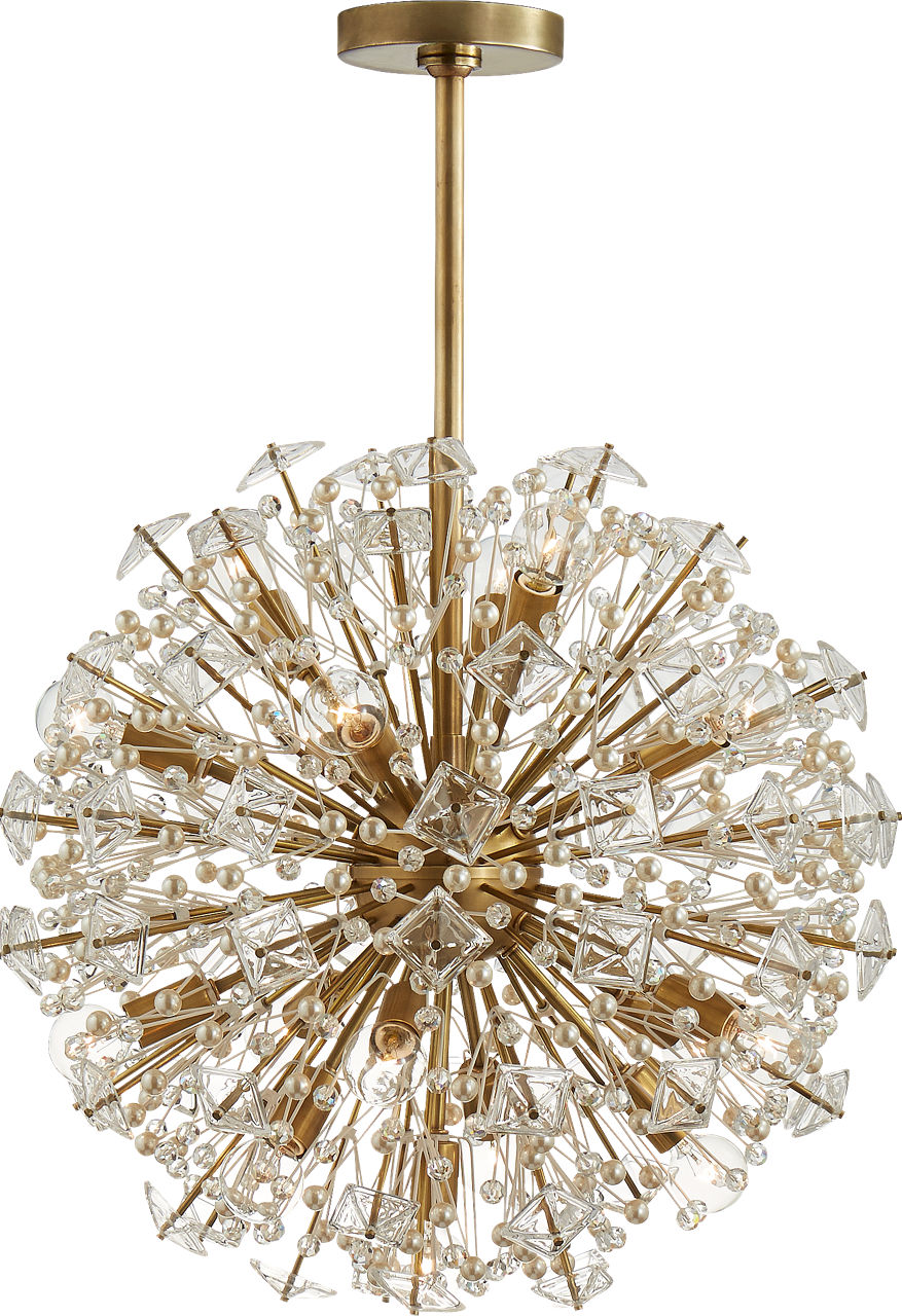 Dickinson Medium Chandelier in Soft Brass with Clear Glass and Cream Pearls