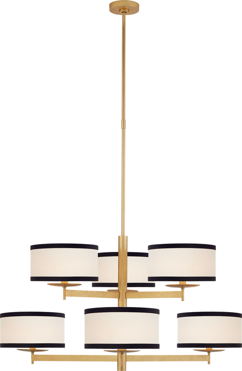 Walker Medium Two Tier Chandelier in Gild with Cream Linen Shades with Black Linen Trim