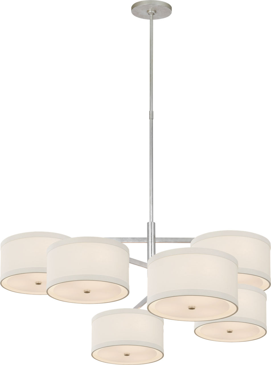 Walker XL Offset Chandelier in Burnished Silver Leaf with Linen Shades