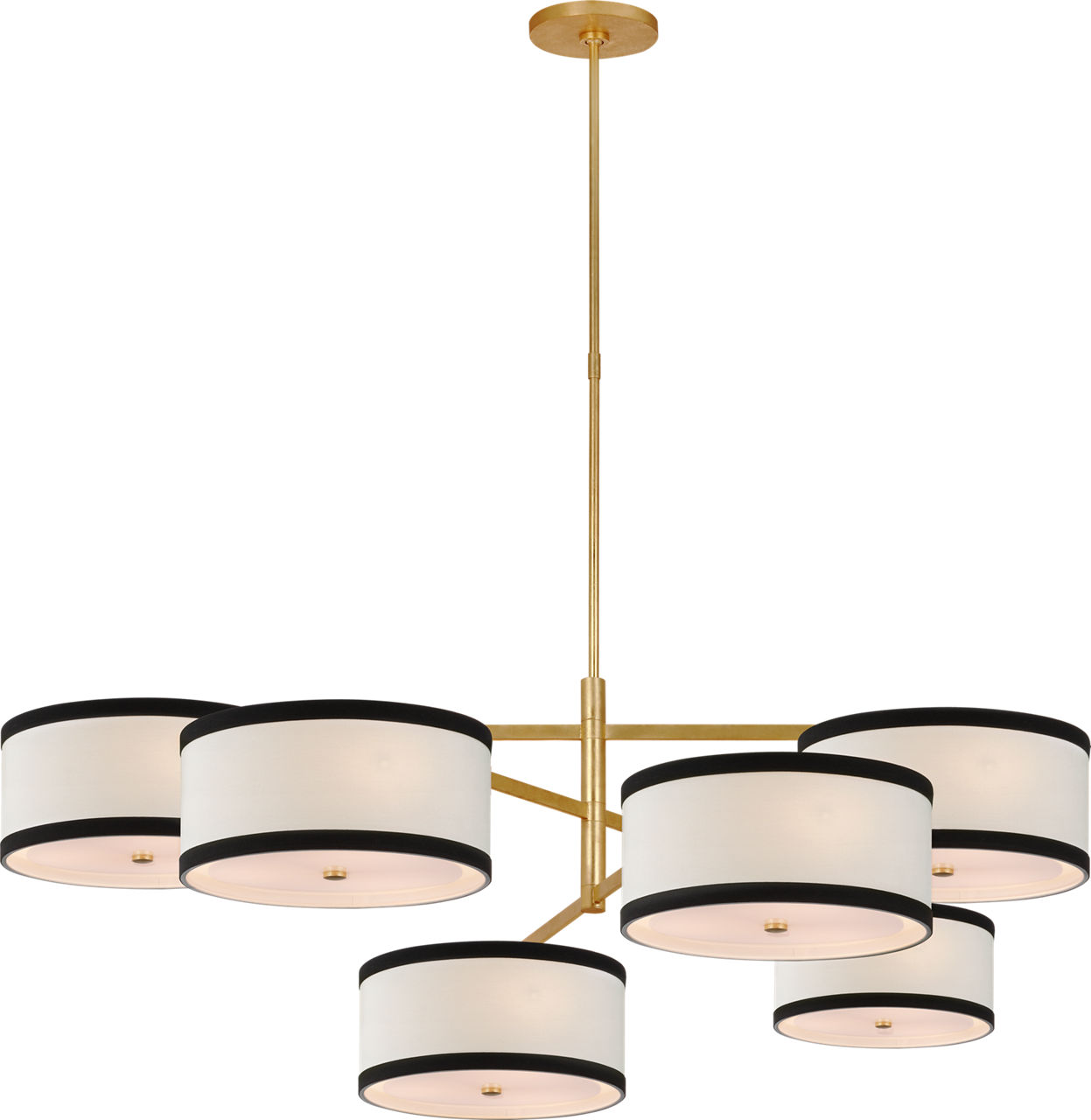Walker Grande Offset Chandelier in Gild with Linen Shades with Black Linen Trim