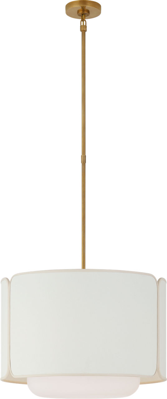 Eyre Medium Hanging Shade in Soft Brass and Soft White Glass with Linen with Cream Trimmed Shade