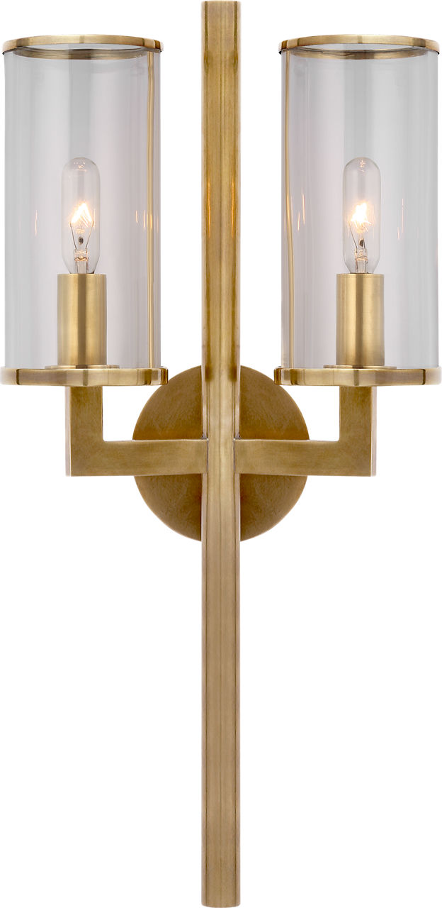 Liaison Double Sconce in Antique-Burnished Brass with Clear Glass