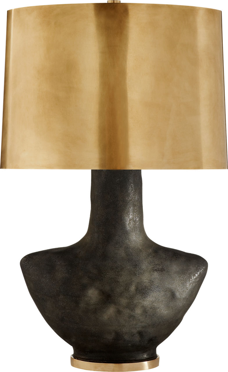 Armato Small Table Lamp in Stained Black Metallic Ceramic with Oval Antique-Burnished Brass Shade