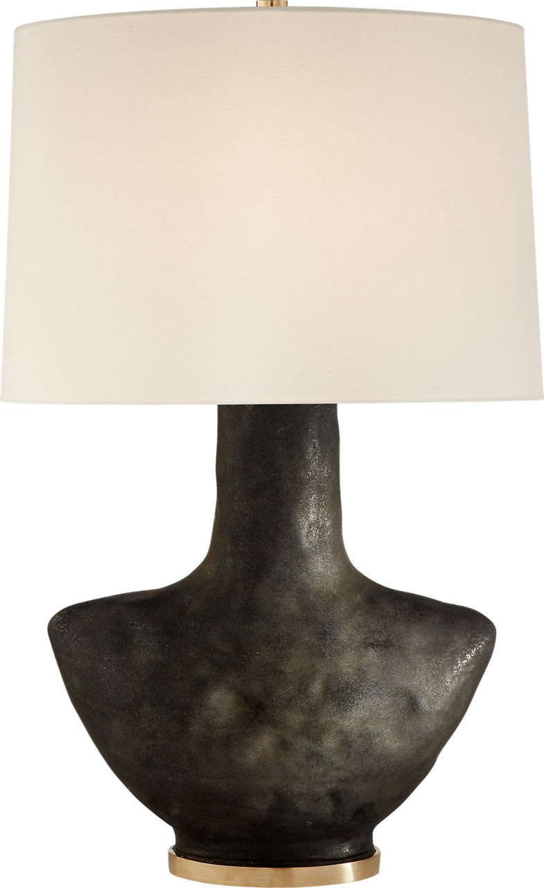 Armato Small Table Lamp in Stained Black Metallic Ceramic with Oval Linen Shade