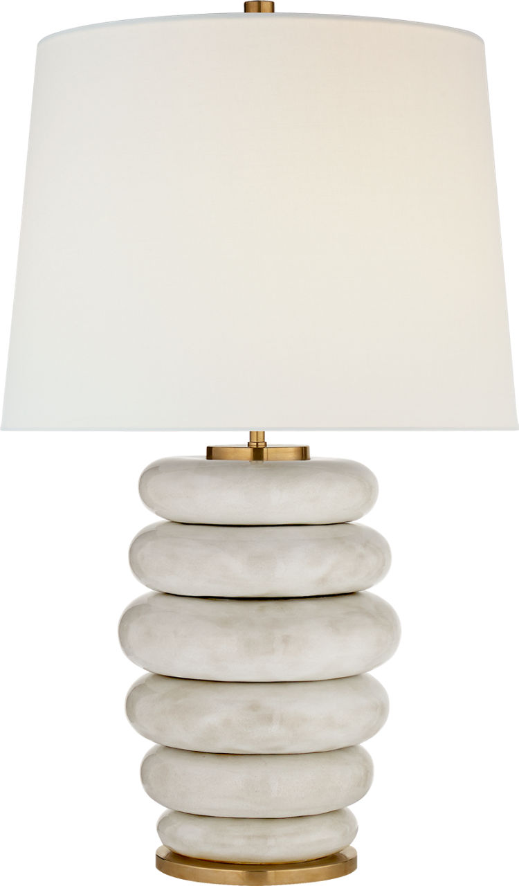 Phoebe Cordless Stacked Table Lamp in Antiqued White Ceramic with Linen Shade