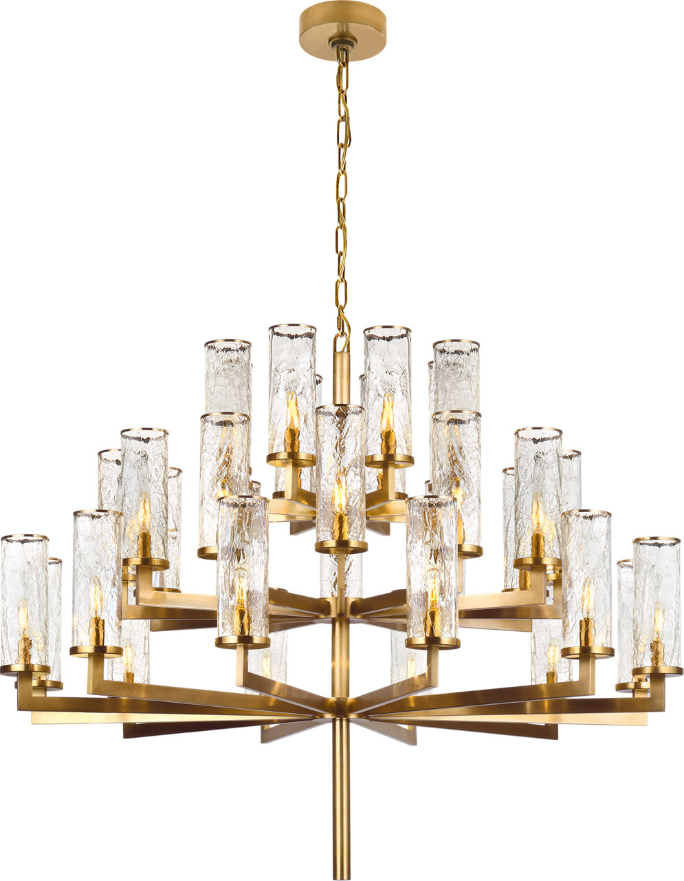 Liaison Triple Tier Chandelier in Antique-Burnished Brass with Crackle Glass