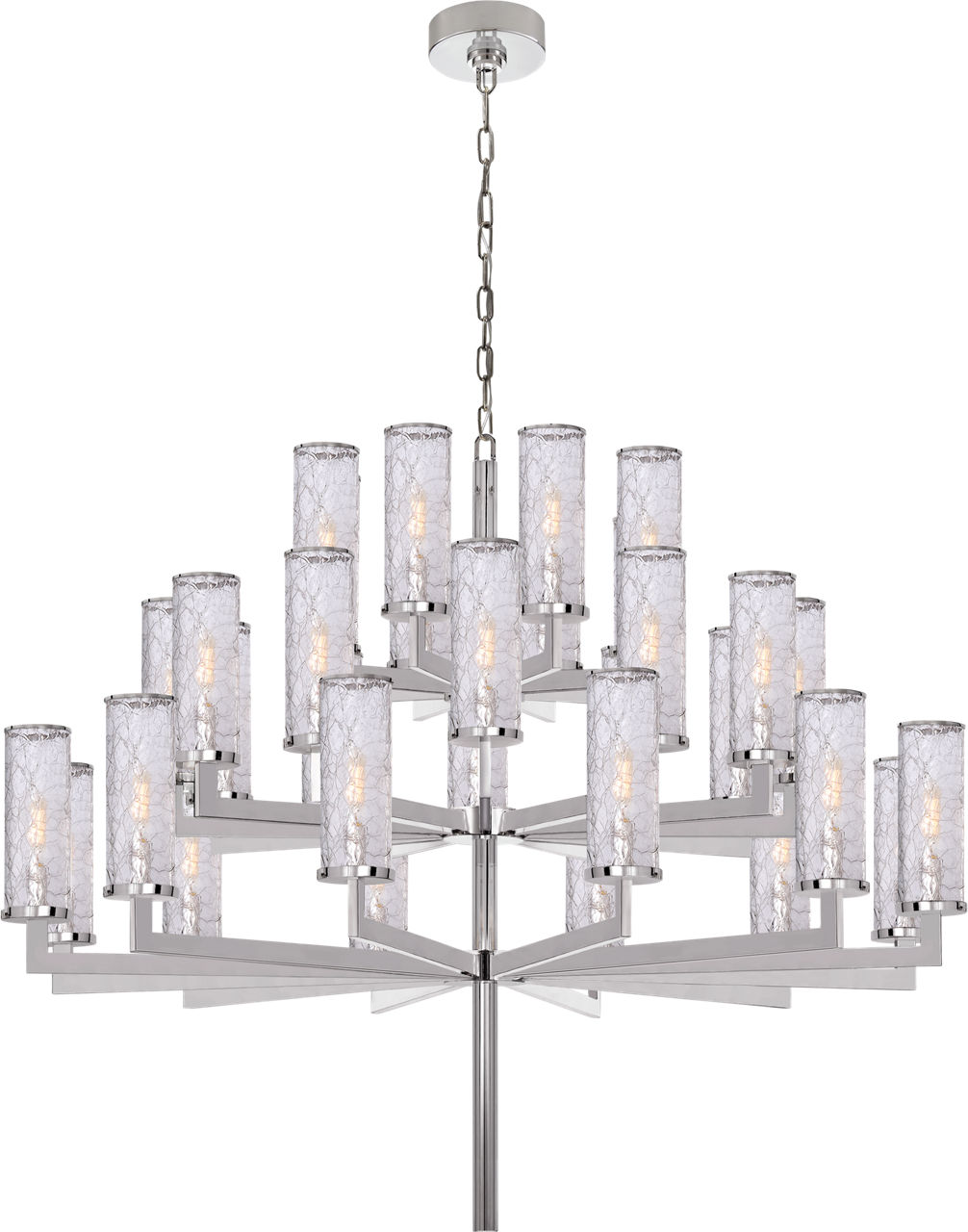 Liaison Triple Tier Chandelier in Polished Nickel with Crackle Glass