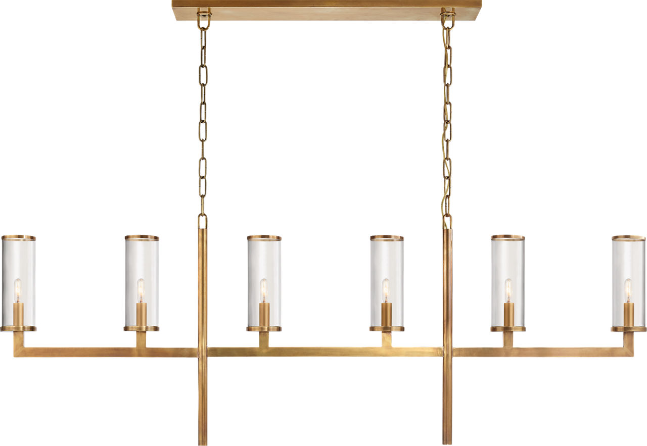 Liaison Large Linear Chandelier in Antique-Burnished Brass with Clear Glass