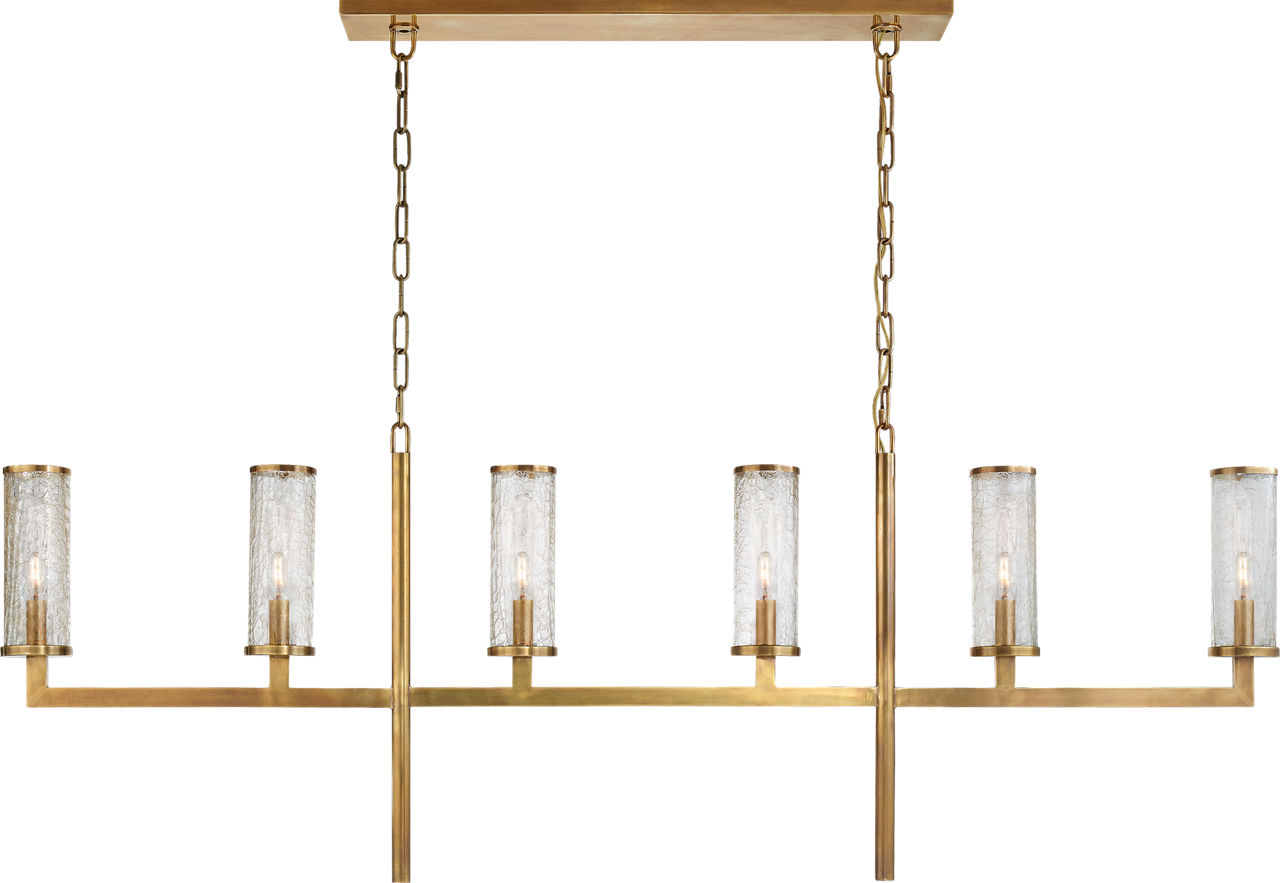 Liaison Large Linear Chandelier in Antique-Burnished Brass with Crackle Glass