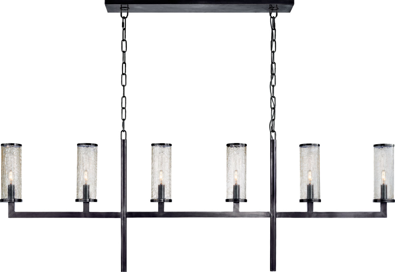 Liaison Large Linear Chandelier in Bronze with Crackle Glass