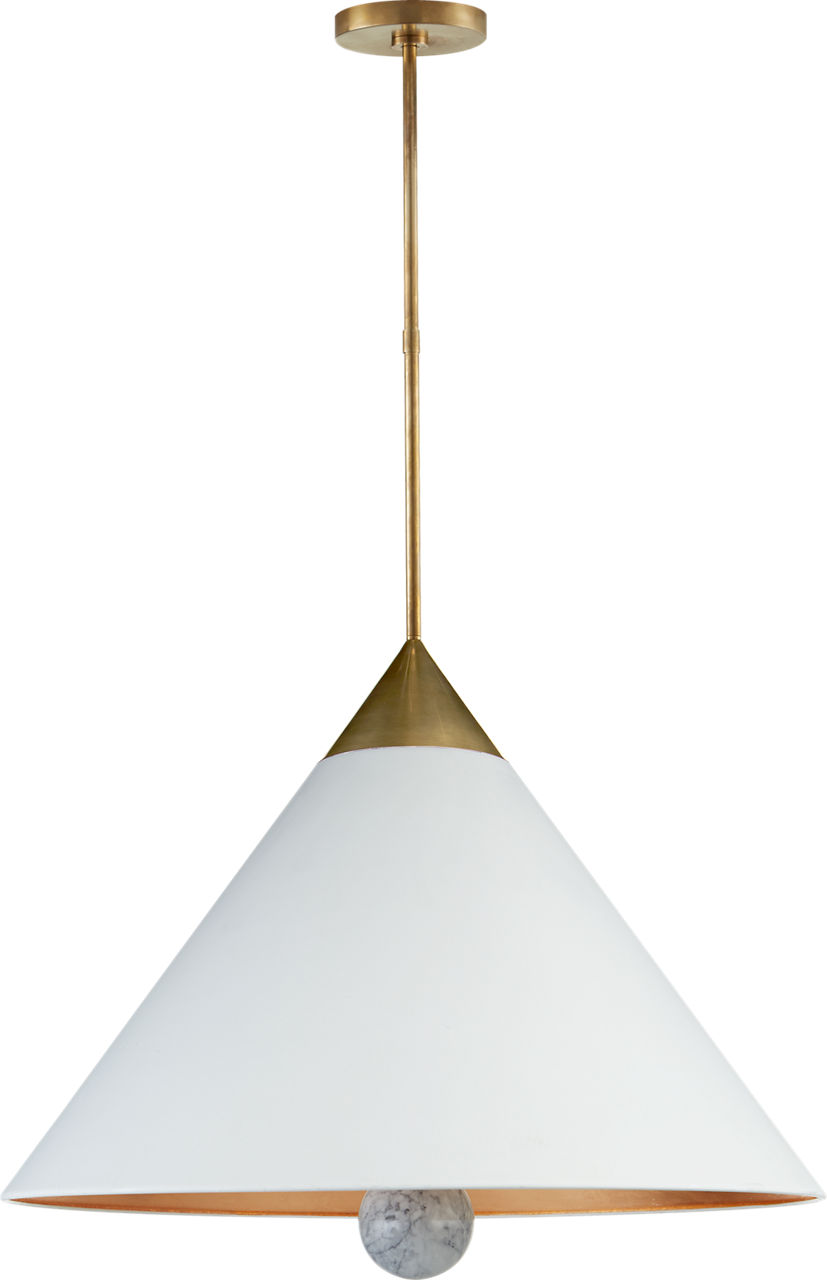 Cleo Large Pendant in Antique-Burnished Brass and White Marble with White Shade with Gild Interior
