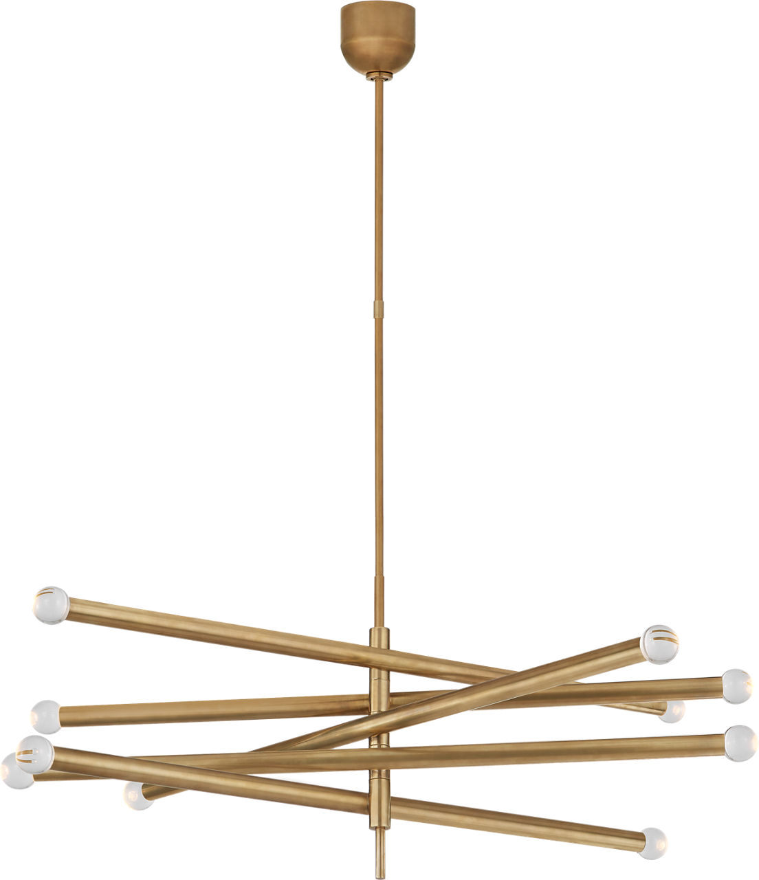 Rousseau Grande Ten Light Articulating Chandelier in Antique-Burnished Brass with Clear Glass Orb