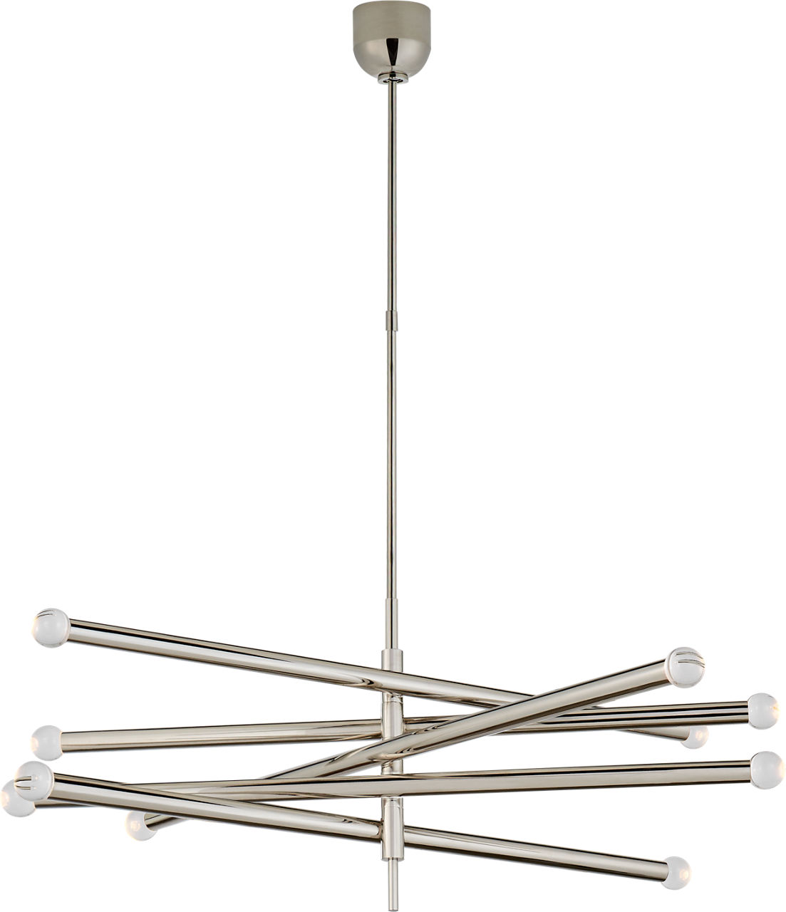 Rousseau Grande Ten Light Articulating Chandelier in Polished Nickel with Clear Glass Orb