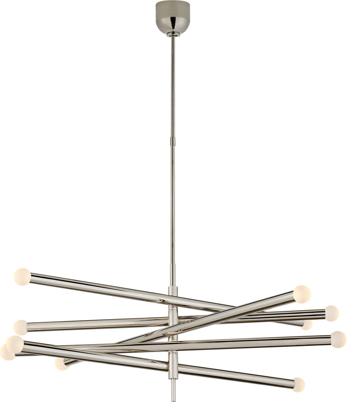 Rousseau Grande Ten Light Articulating Chandelier in Polished Nickel with Etched Crystal Orb