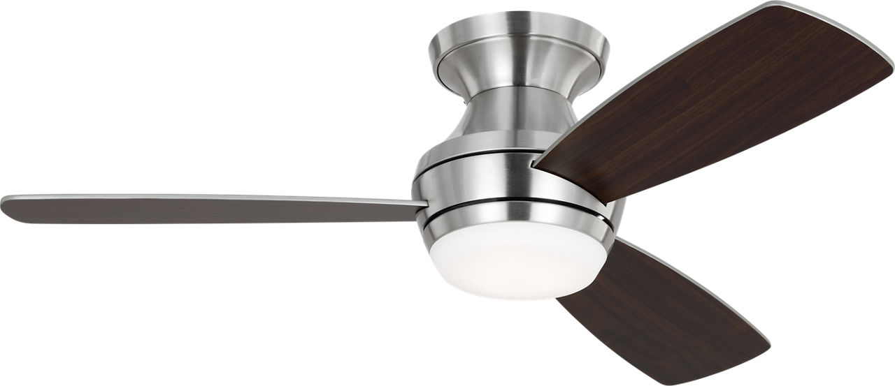 Ikon 44 Hugger LED Ceiling Fan in with Silver / American Walnut Reversible Blades and Light Kit Brushed Steel