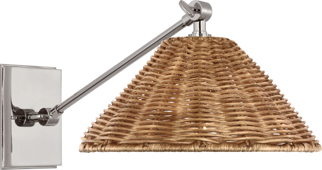 Wimberley Single Library Wall Light in Polished Nickel with Natural Wicker Shade