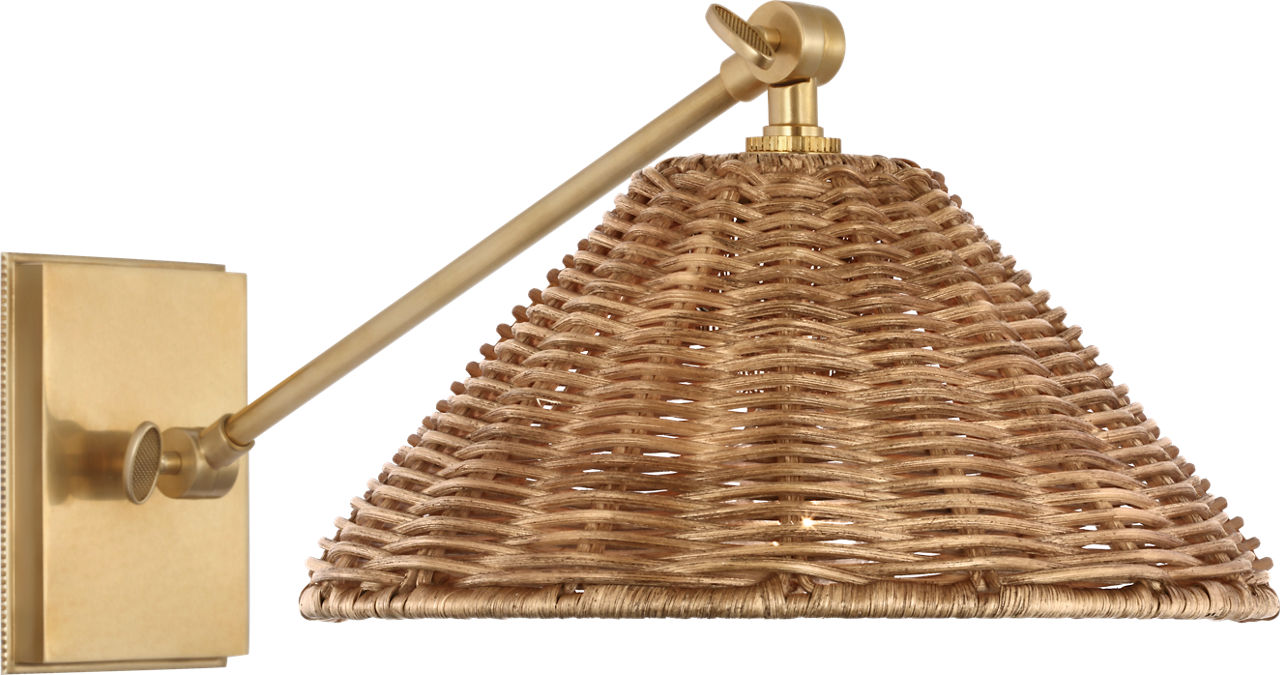 Wimberley Single Library Wall Light in Soft Brass with Natural Wicker Shade