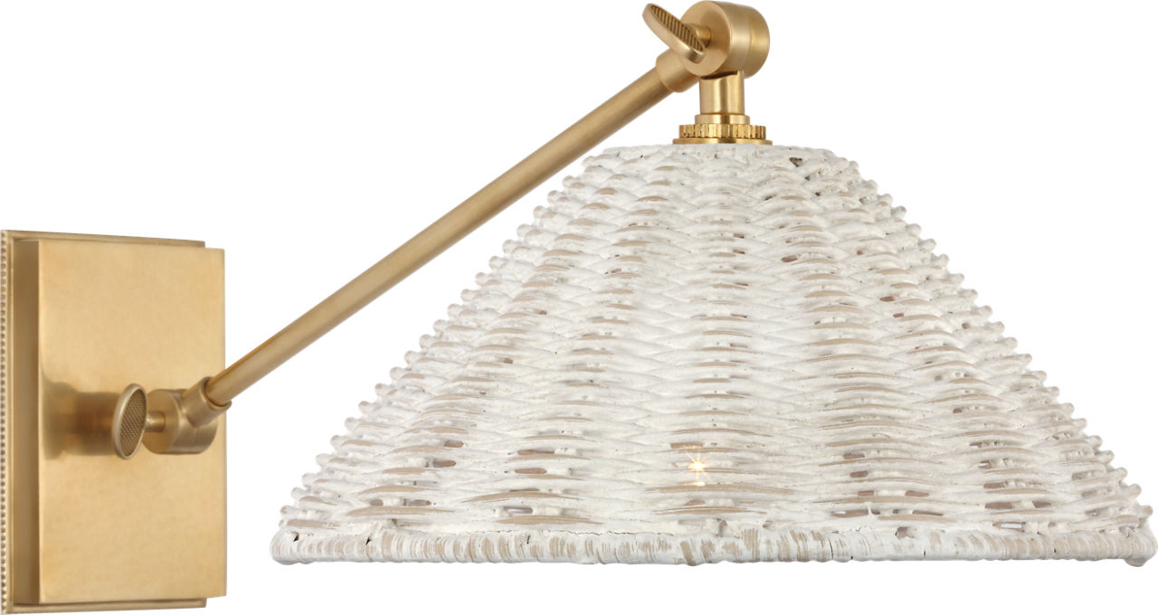 Wimberley Single Library Wall Light in Soft Brass with White Wicker Shade