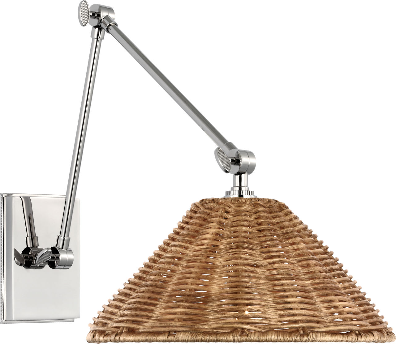 Wimberley Double Library Wall Light in Polished Nickel with Natural Wicker Shade