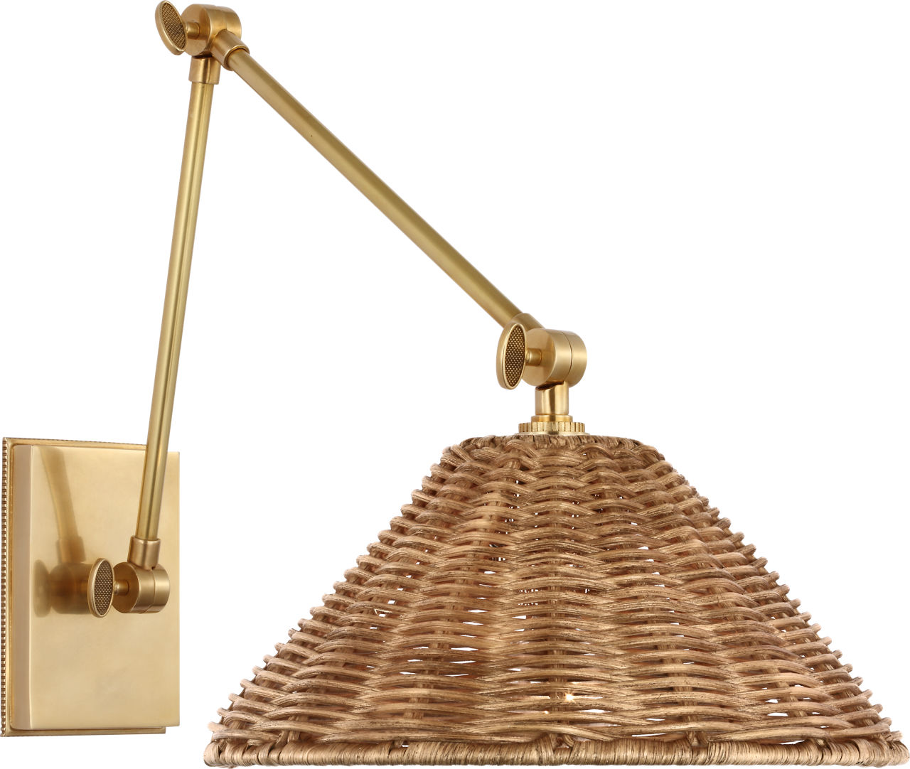 Wimberley Double Library Wall Light in Soft Brass with Natural Wicker Shade