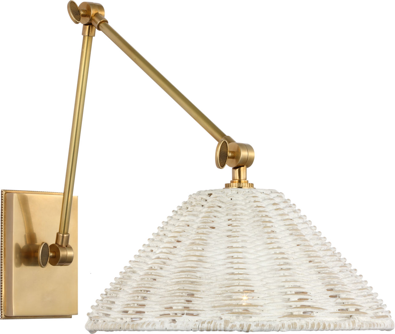 Wimberley Double Library Wall Light in Soft Brass with White Wicker Shade