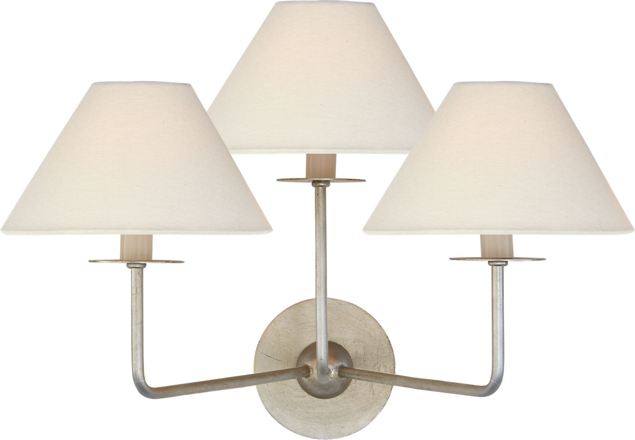 Kelley Medium Triple Sconce in Burnished Silver Leaf with Linen Shades