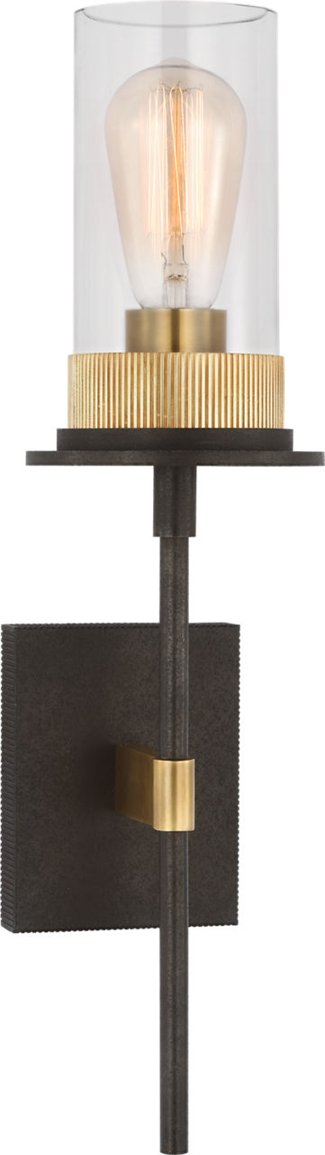 Beza Medium Tail Sconce in Warm Iron and Antique Brass with Clear Glass