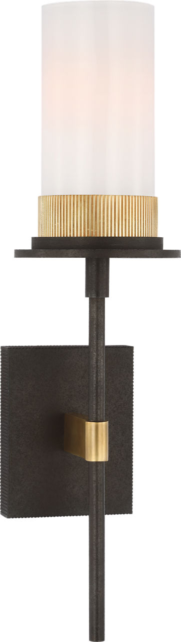 Beza Medium Tail Sconce in Warm Iron and Antique Brass with White Glass