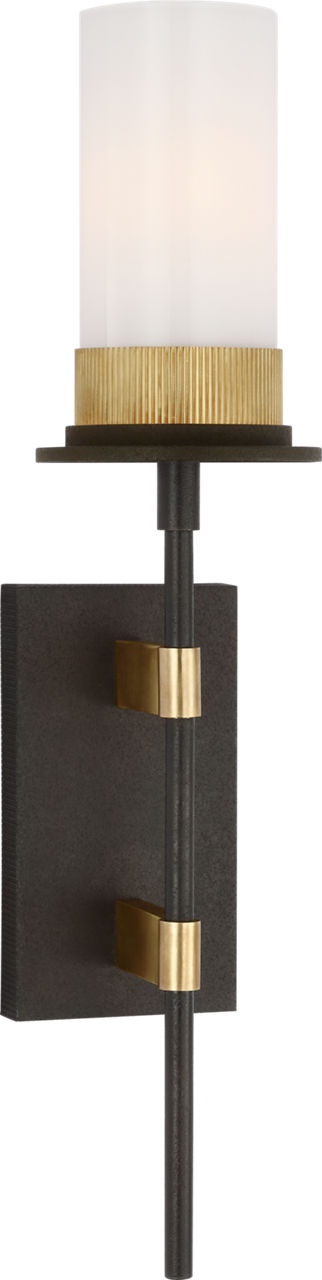 Beza Large Tail Sconce in Warm Iron and Antique Brass with White Glass