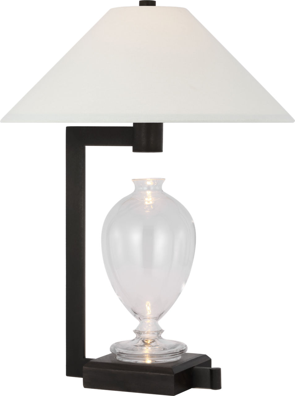 Phial Large Display Form Table Lamp in Clear Glass and Warm Iron and Dark Walnut with Linen Shade