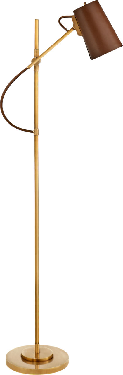 Benton Adjustable Floor Lamp in Natural Brass with Saddle Leather Shade