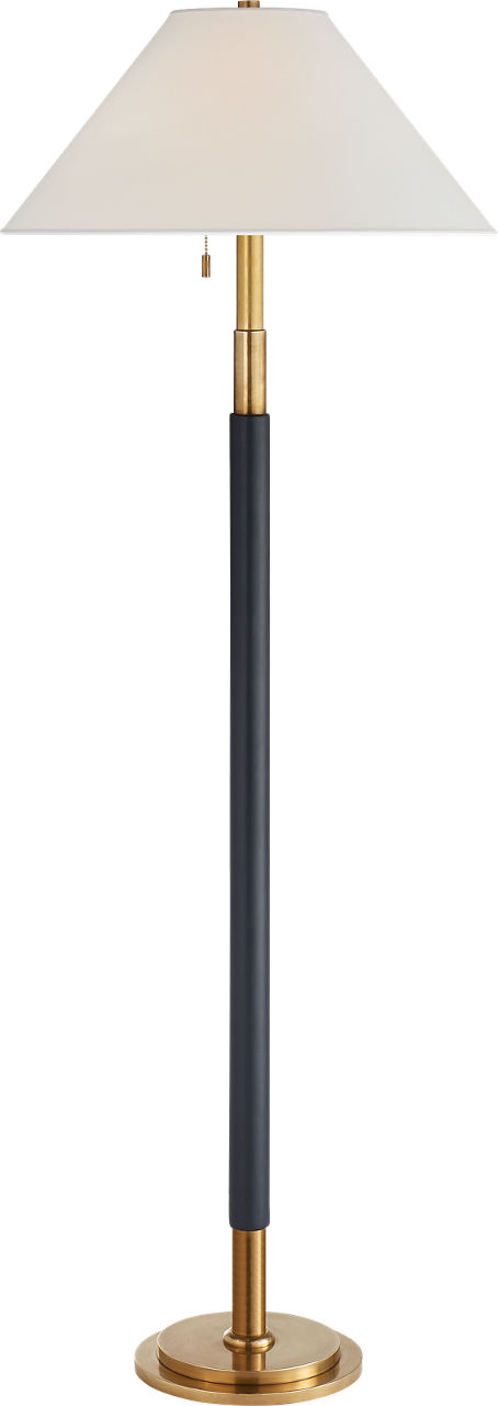 Garner Floor Lamp in Natural Brass and Navy Leather with Percale Shade