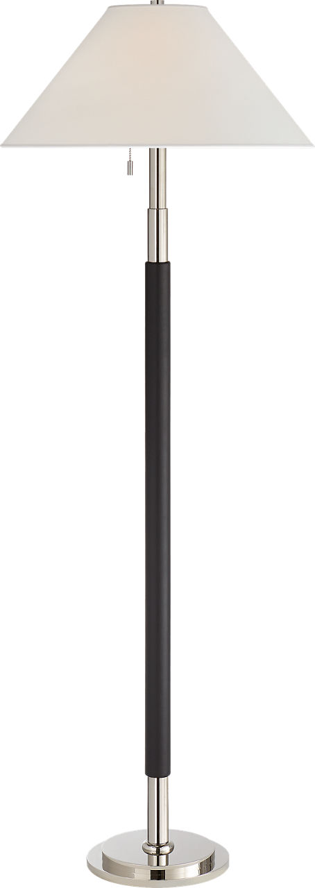 Garner Floor Lamp in Polished Nickel and Chocolate Leather with Percale Shade