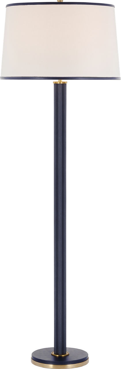 Riley Large Floor Lamp in Natural Brass and Navy with Leather Trimmed Linen Shade
