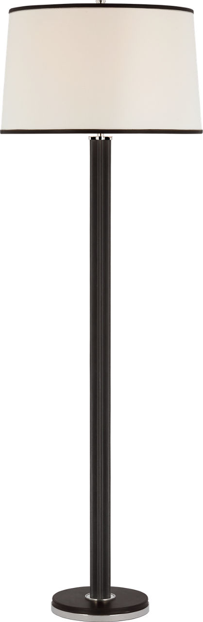 Riley Large Floor Lamp in Polished Nickel and Chocolate Leather with Leather Trimmed Linen Shade