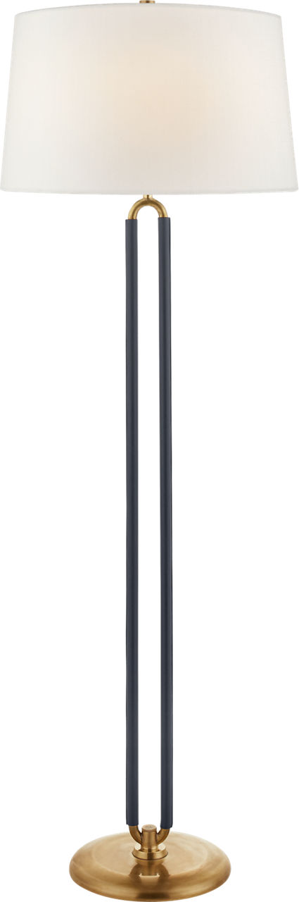 Cody Large Floor Lamp in Natural Brass and Navy Leather with Linen Shade