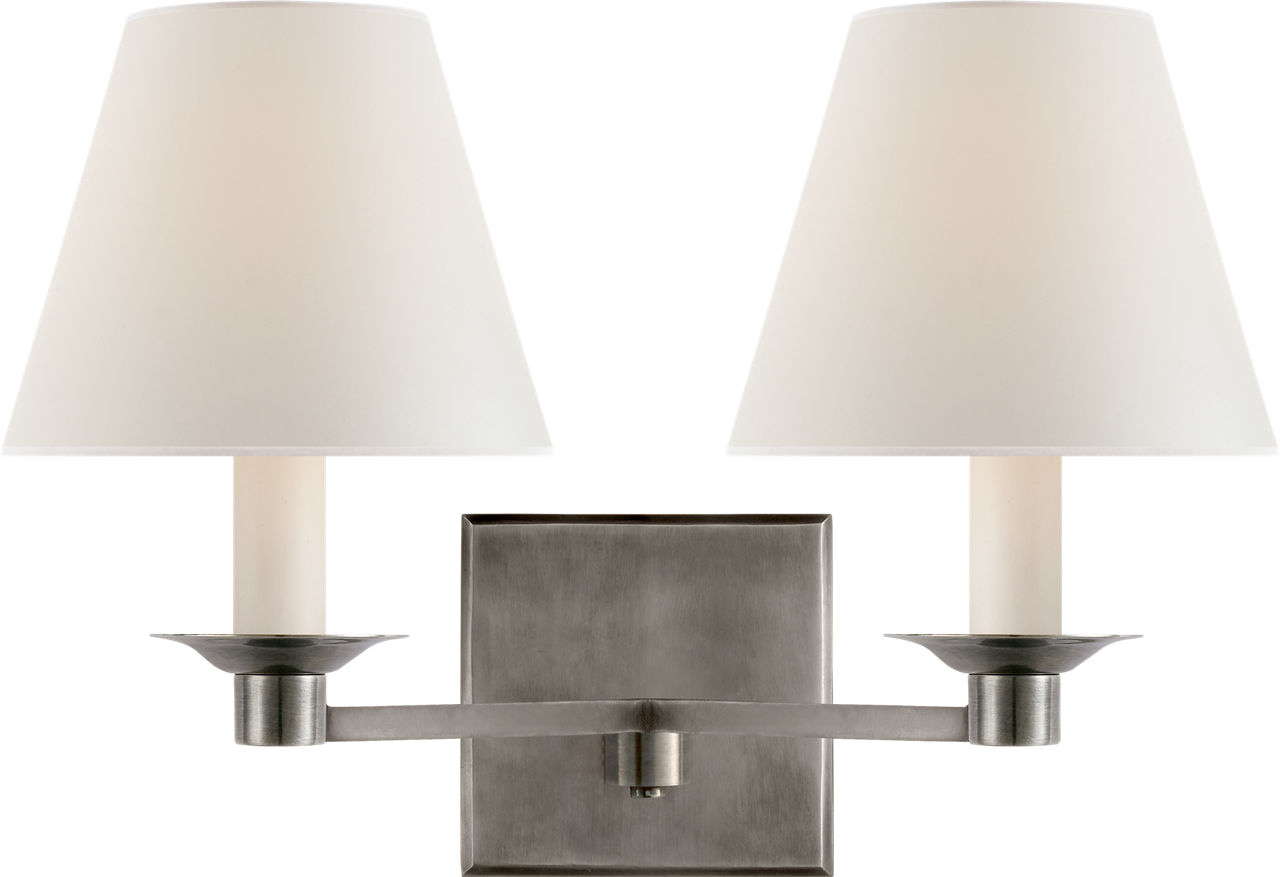 Evans Double Arm Sconce in Antique Nickel with Percale Shade