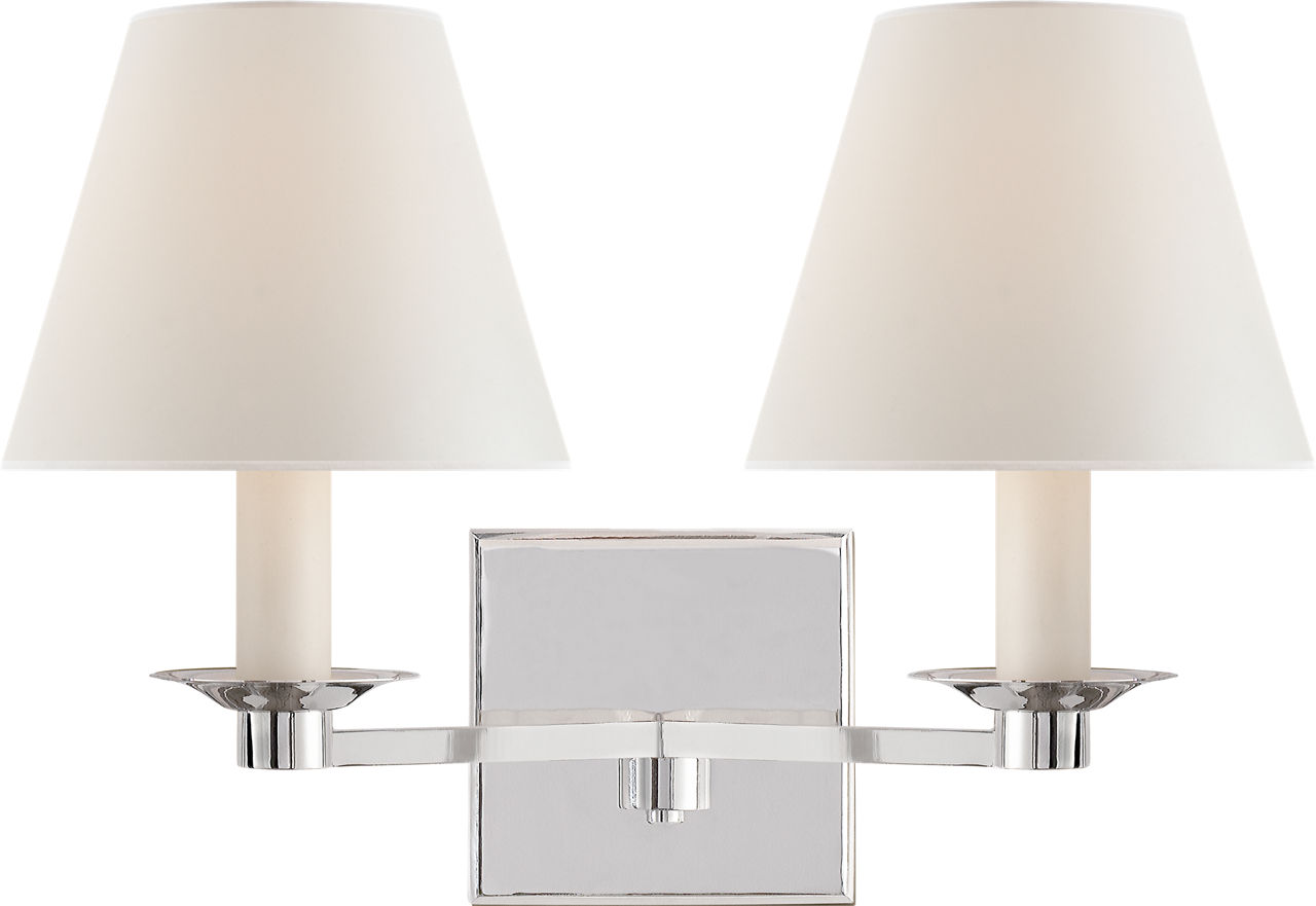 Evans Double Arm Sconce in Polished Nickel with Percale Shade