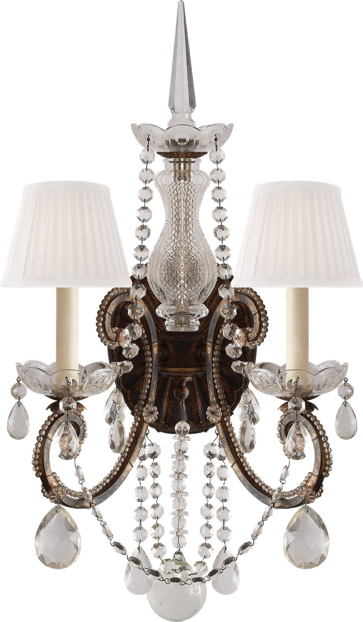Adrianna Double Sconce in Antique Gild and Antiqued Crystal and Silk Shades