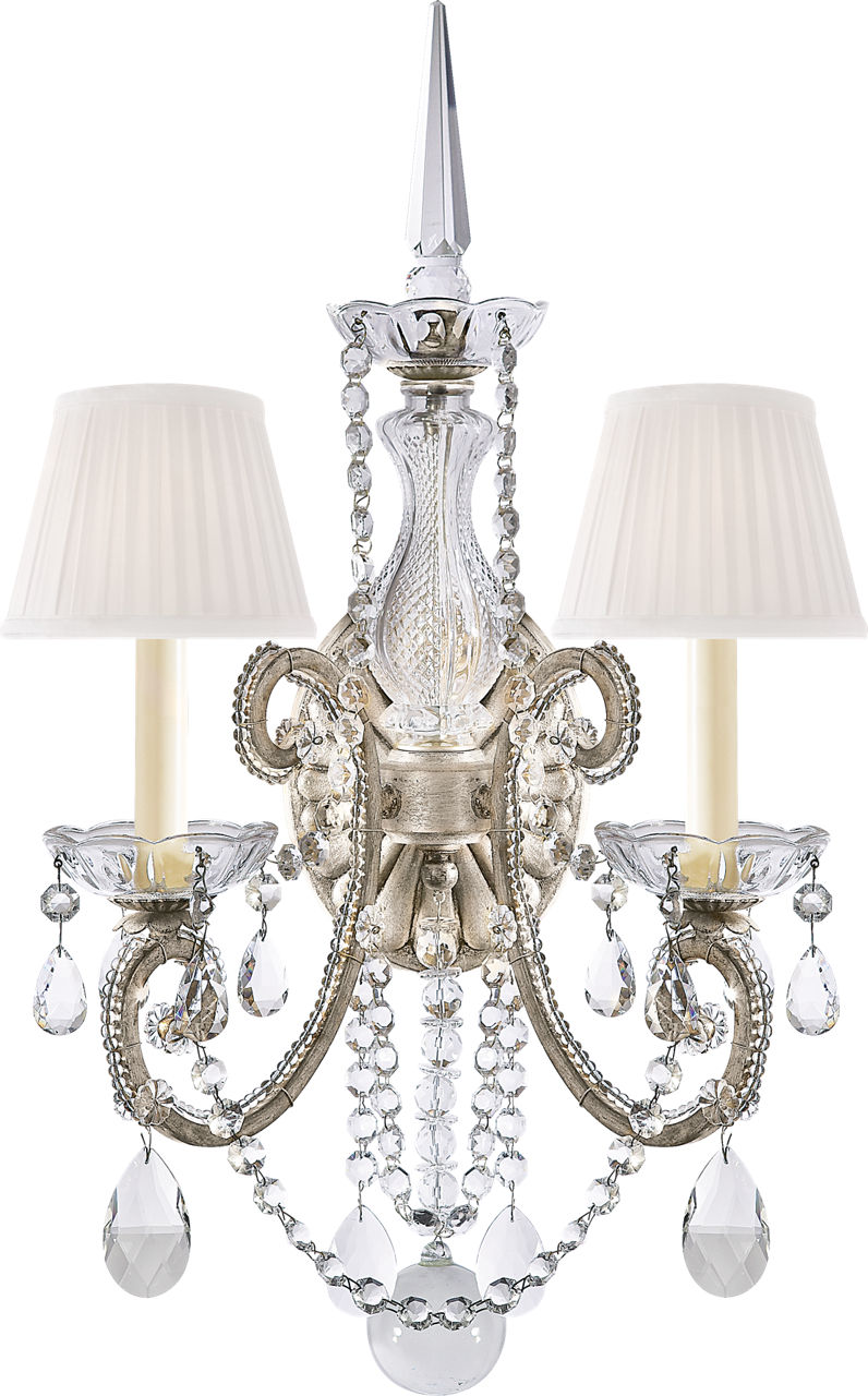 Adrianna Double Sconce in Antique Silver Leaf and Crystal with Silk Shades